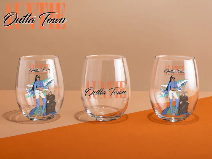 three stemless wine glasses